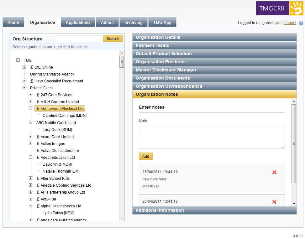 Append notes to an organisation